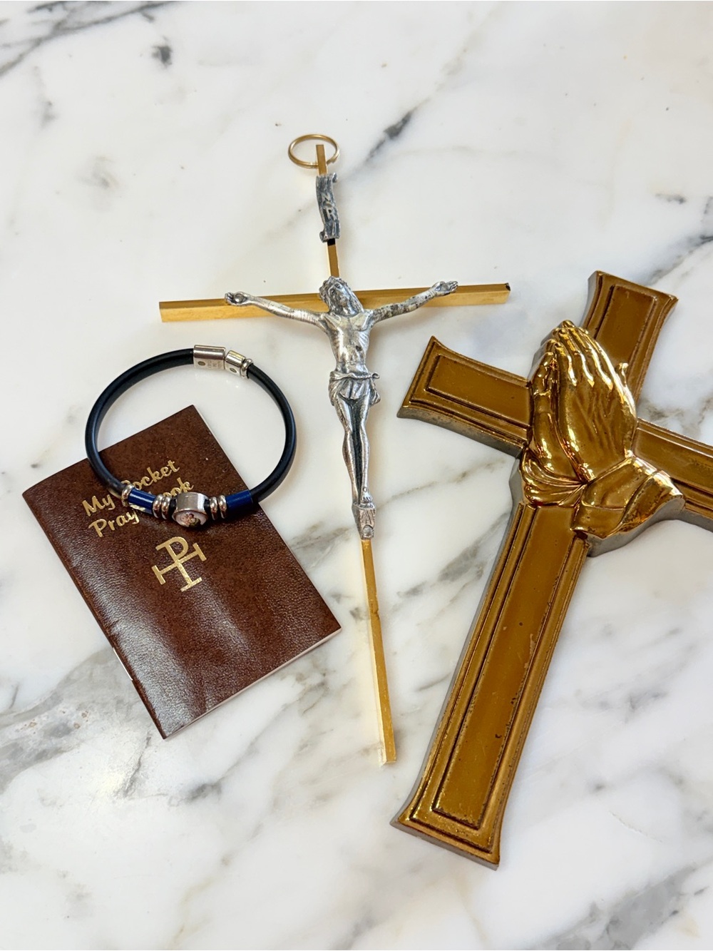 MCM Gold & Silver Crucifix Set w/ Praying Hands Cross, Italian Bracelet & Prayer - Picture 9 of 16